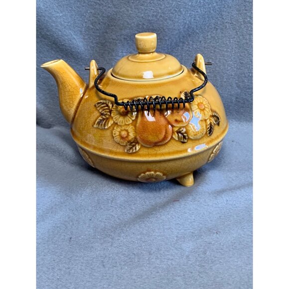 Vintage Japanese 70s Three-Toed Teapot With Fruit & Flower Design - Picture 2 of 15